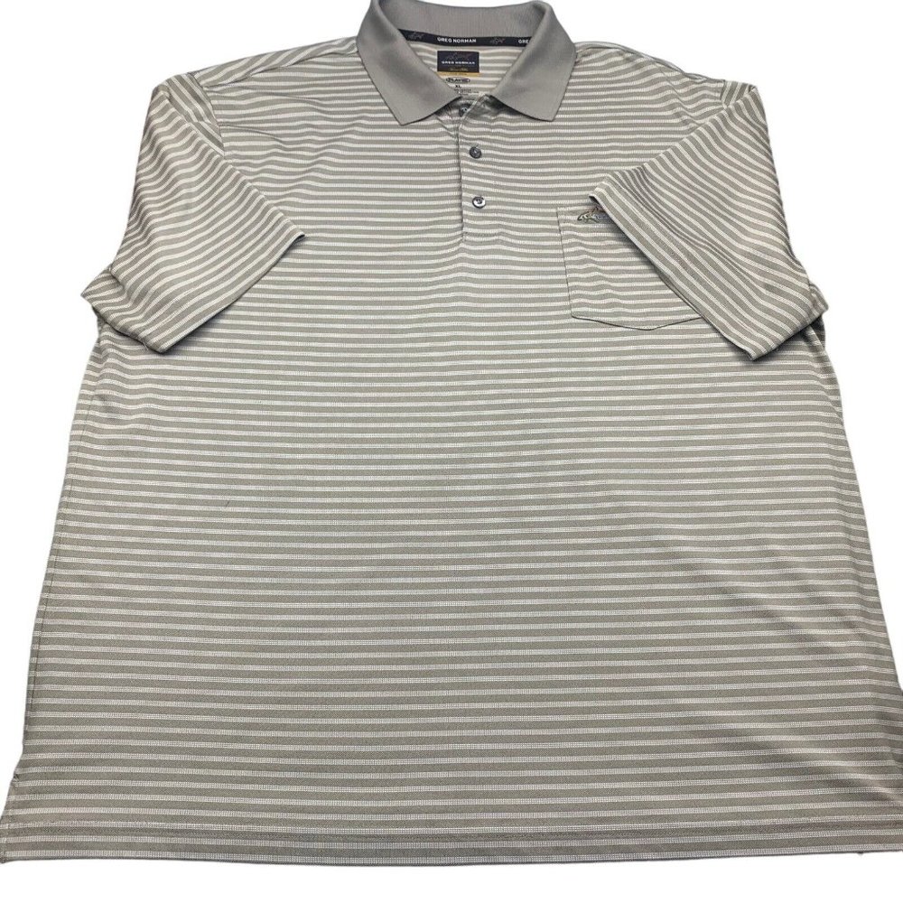 Greg Norman for Tasso Elba Men's Tan/Cream Striped Short Sleeve Golf Polo Sz XL